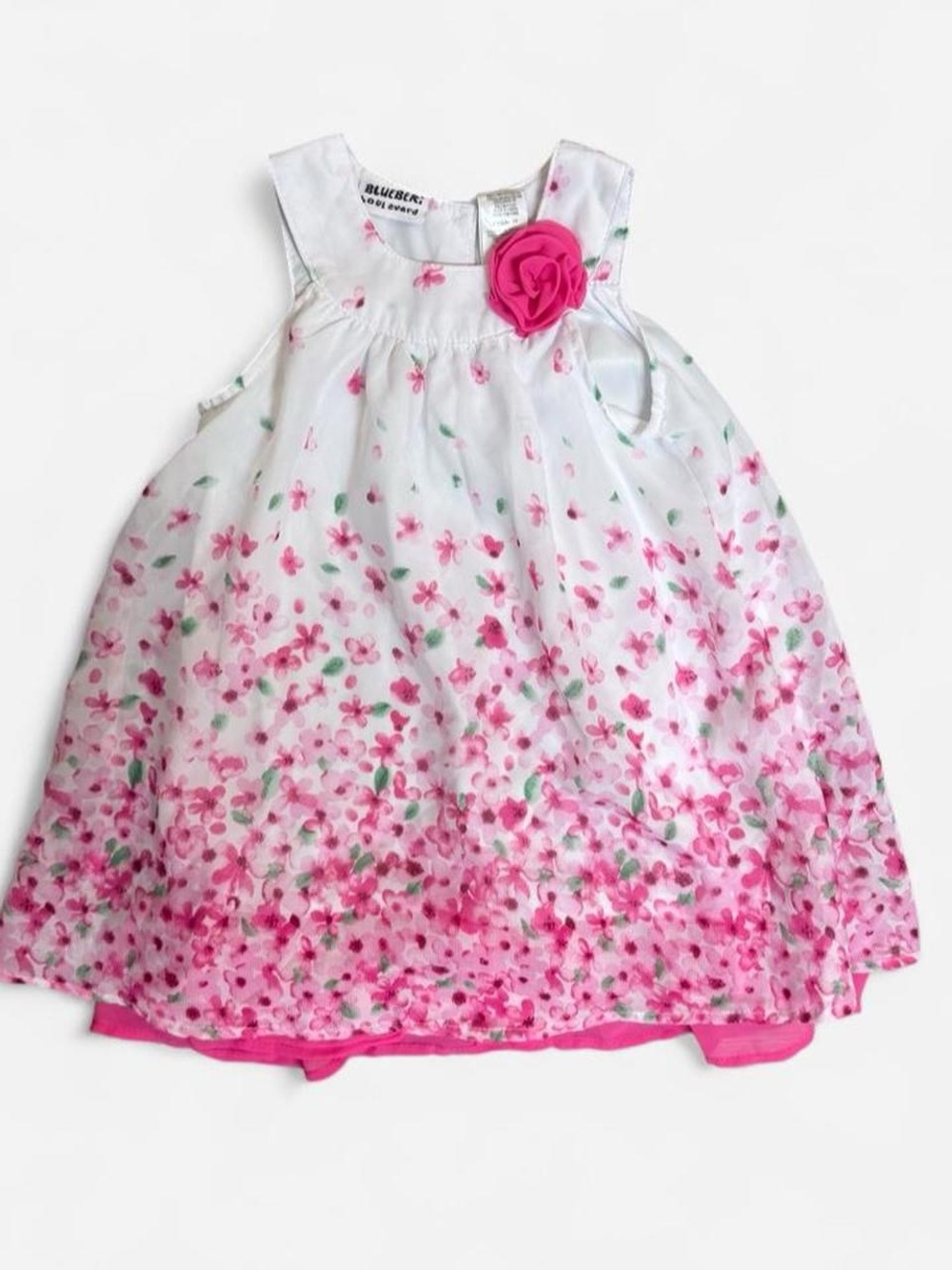 Blueberi Boulevard White Dress with Pink Floral Print and Rose